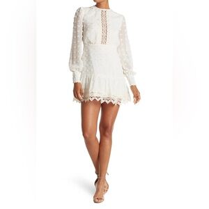 Long Sleeve Dotted Chiffon Lace Trim Dress